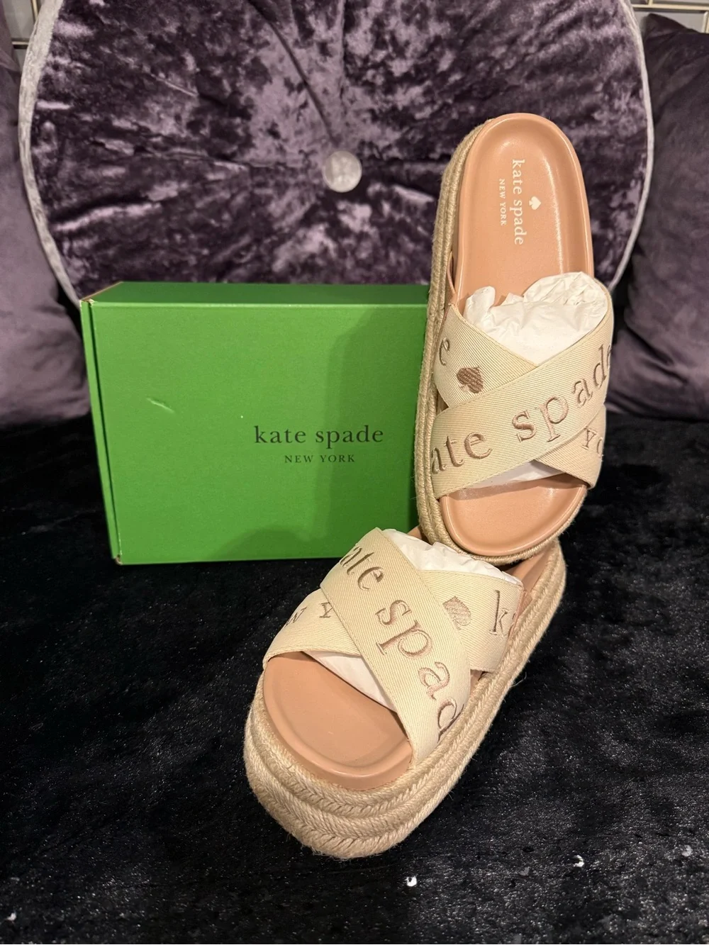 Kate Spade Cream Cross-Strap Espadrille Platform Slide Sandals Size 7.5